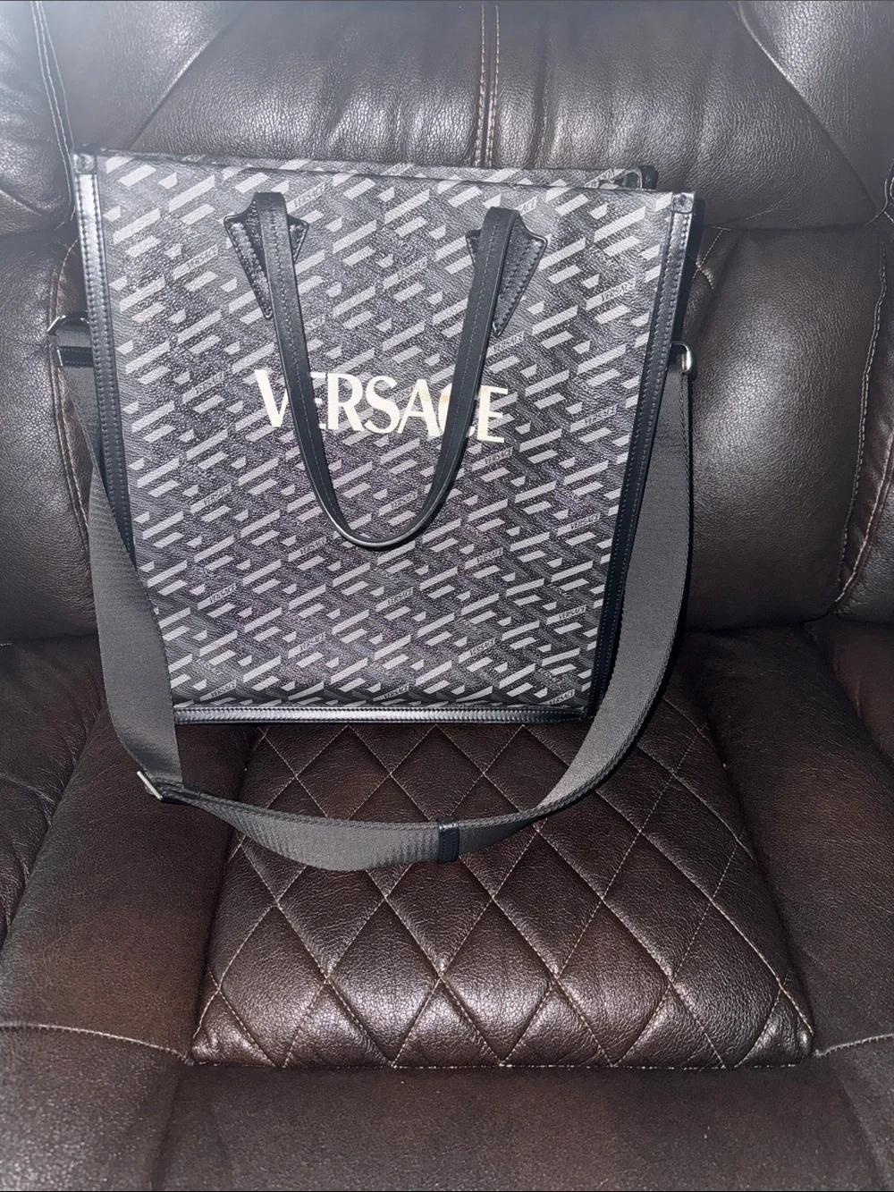 Versace Black and Gray Patterned Messenger Tote with Gold Logo